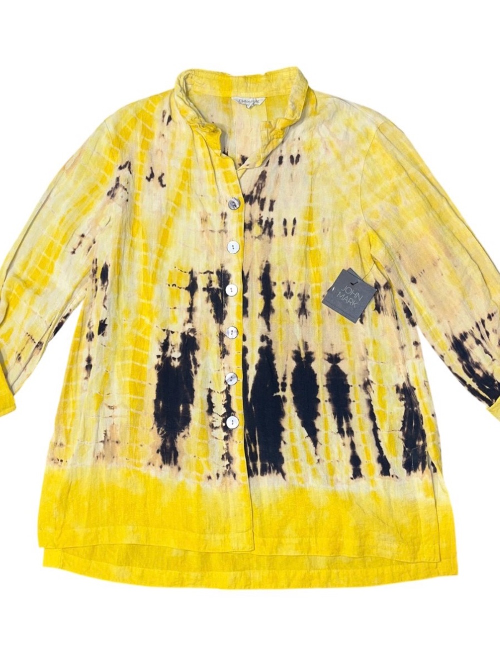 John Mark Boho Yellow Black Button Blouse Collar Tie Dye Ladies Small NWT